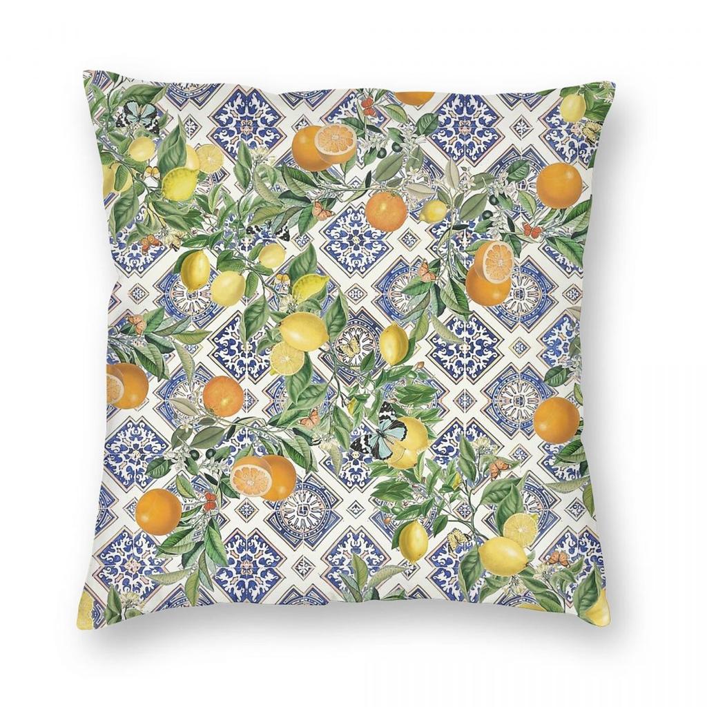 Sicilian Tiles Oranges Lemons Square Pillowcase Polyester Linen Velvet Creative Zip Decor Pillow Case Room Cushion 18"