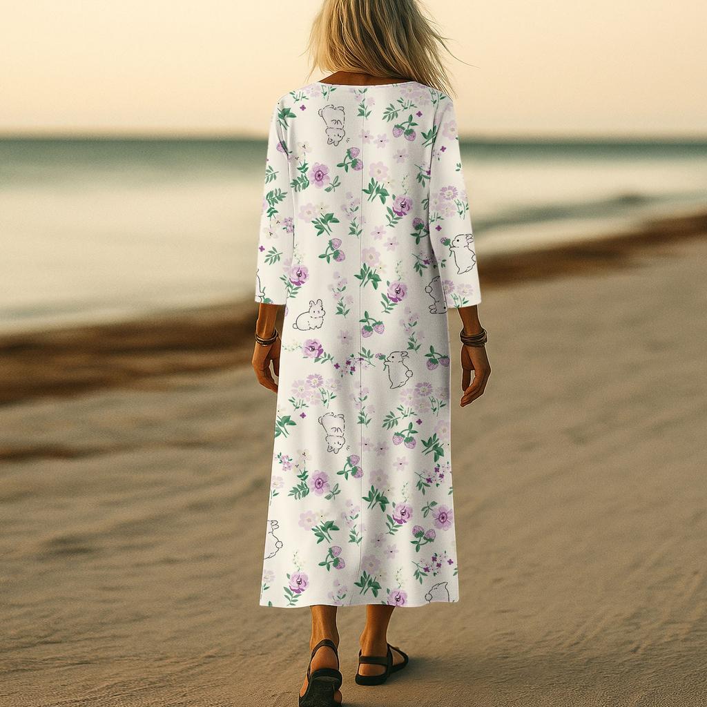 Dresses For Womens Vintage Print Tunic Waisted Midi Dress Summer Casual  3/4 Sleeve Dress