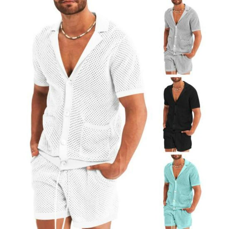 

Мужской летний наряд, стильная однотонная летняя рубашка с короткими рукавами, шорты, костюм длиной выше колена, шорты, комплект рубашки, мужской летний спортивный костюм