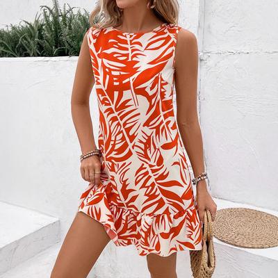 Damen Sommer Casual Lässig Ärmellos Blätter Bedruckt Einteiliges Kleid