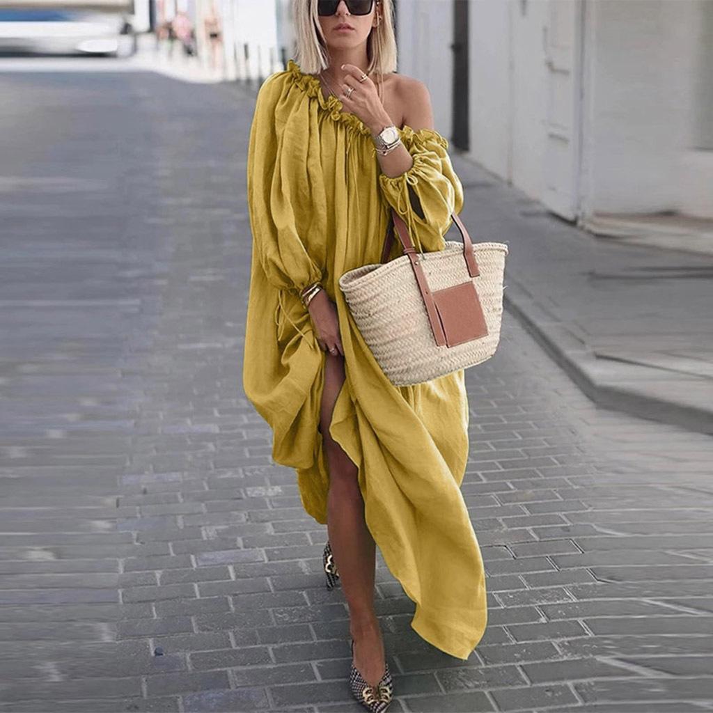 Spring and Autumn Women's Dress Plus Size Casual Solid Color One-Color Neck Dress