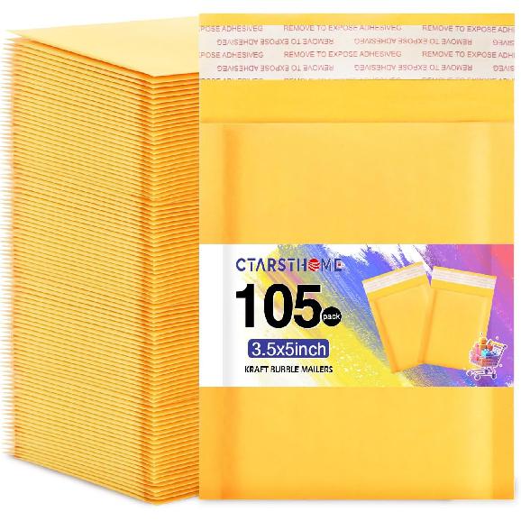 105Pack Yellow 3.5x5in Kraft Bubble Mailers Small Business Mailing Packages Self-Sealing Paper Envelopes, Mailer Shipping Padded Envelopes with 3.5x5-105pcs