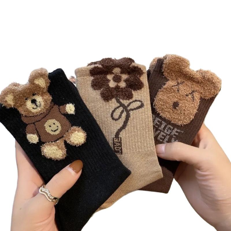 Women's Autumn and Winter Mid-calf Socks Cute Kawaii Bear Socks Warm Socks 3 Pairs