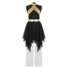 Praise Dance Costume for Kids Girls: Asymmetrical Sleeveless Metallic Dress & Comfortable Wide-Leg Pants with Elastic Waist