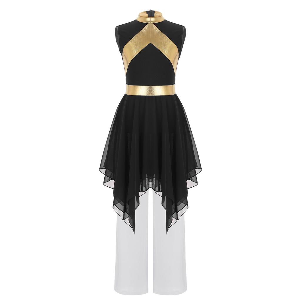 Praise Dance Costume for Kids Girls: Asymmetrical Sleeveless Metallic Dress & Comfortable Wide-Leg Pants with Elastic Waist