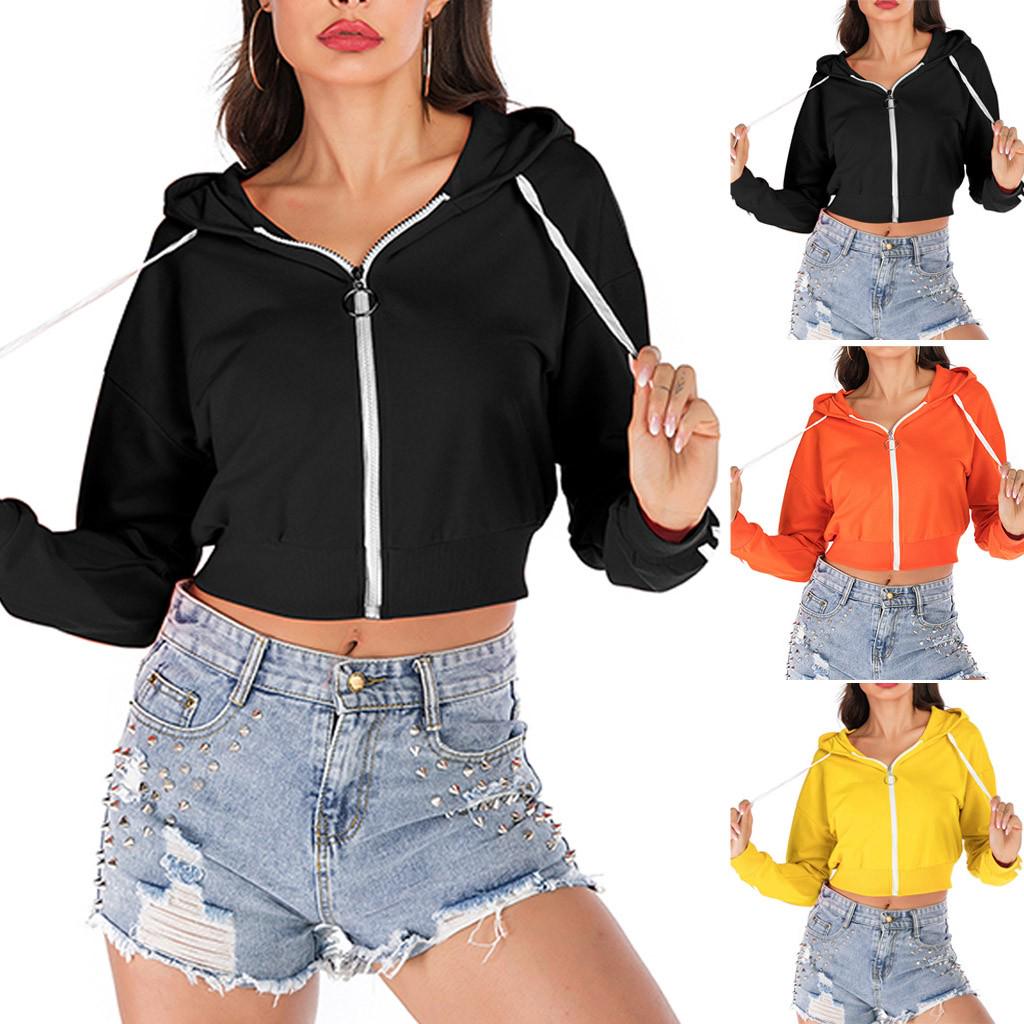 

Модная женская свободная короткая толстовка с длинным рукавом на молнии с капюшоном