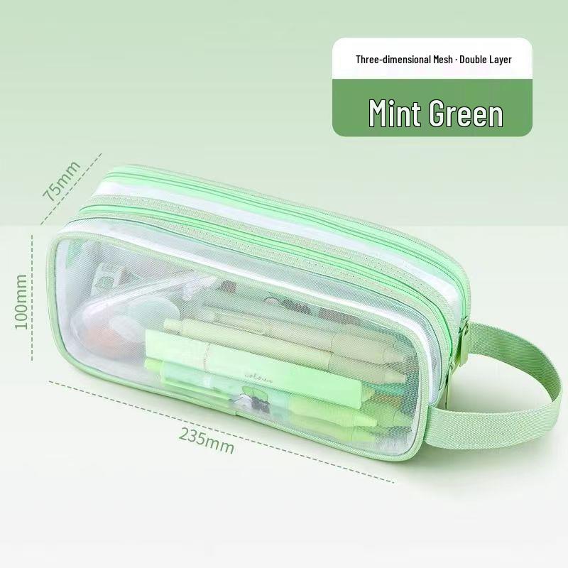 High-Capacity Double Layer Mesh Pencil Case - Transparent, Universal, Portable Storage Bag for Students