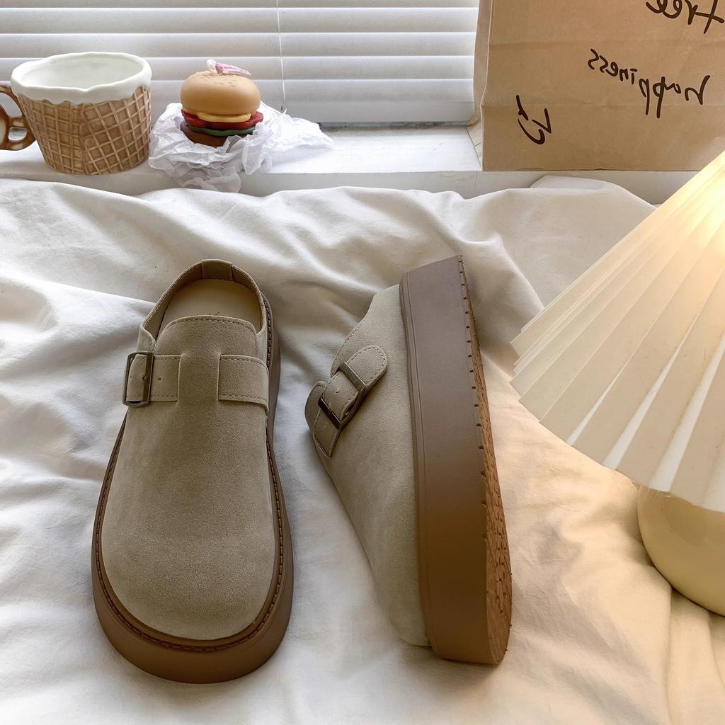 Leather thick-soled bag head slippers women's 2025 new height-increasing outer wear lazy one-pedal casual skirt Boken shoes