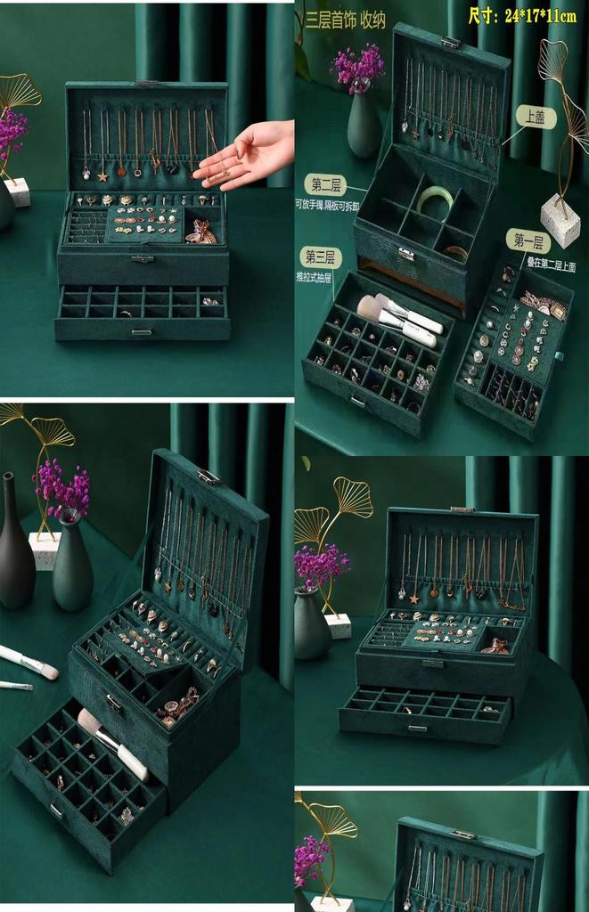High-end Three-layer Green Jewelry Box With Lock Velvet Earrings Necklaces Bracelets Storage Box Large Capacity