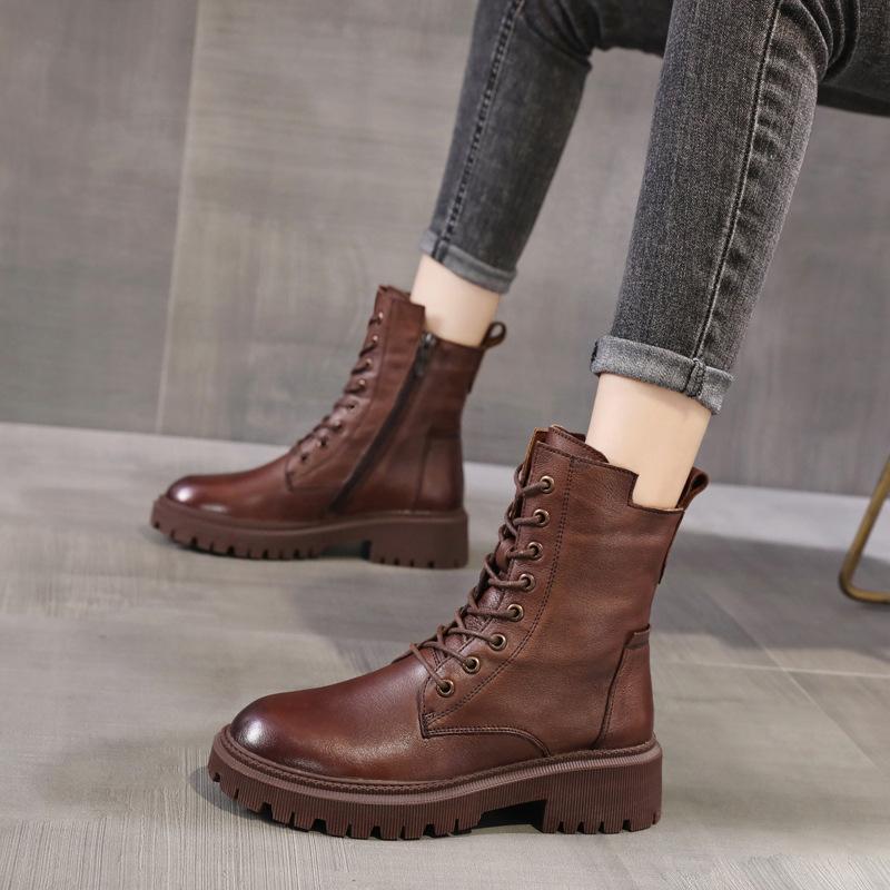 Casual leather women's boots thick-soled Martin boots women's 2025 autumn and winter women's shoes versatile British style short boots