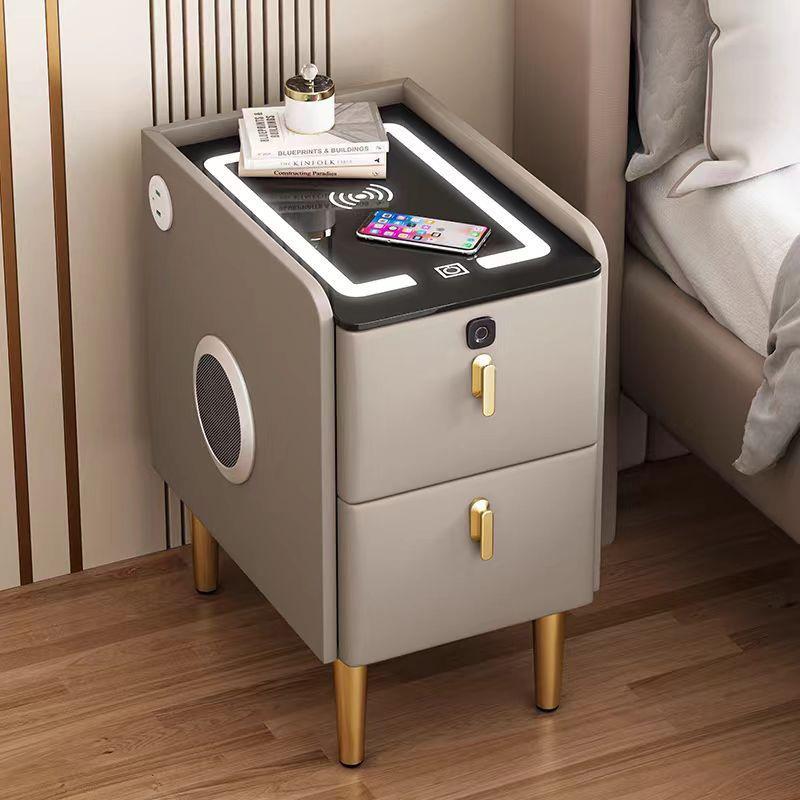 Luxury Narrow Bedside Table with Wireless Charging and Multi-functional Storage