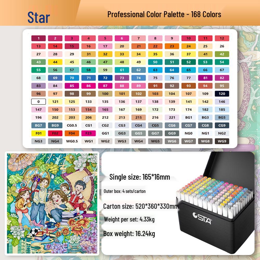 Sta 3212BR 168-Color Soft Tip Oil-Based Anime Markers Set