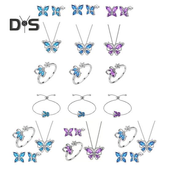 1 Set Jewelry Set Sparkling Rhinestones Inlaid Butterfly Pendant Necklace Ear Studs Opening Ring Set Jewelry Gift
