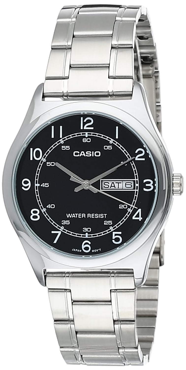 Casio Stainless Steel Easy Reader Black Dial Day Date Analog Dress Watch MTP-V006D-1B2 Men s