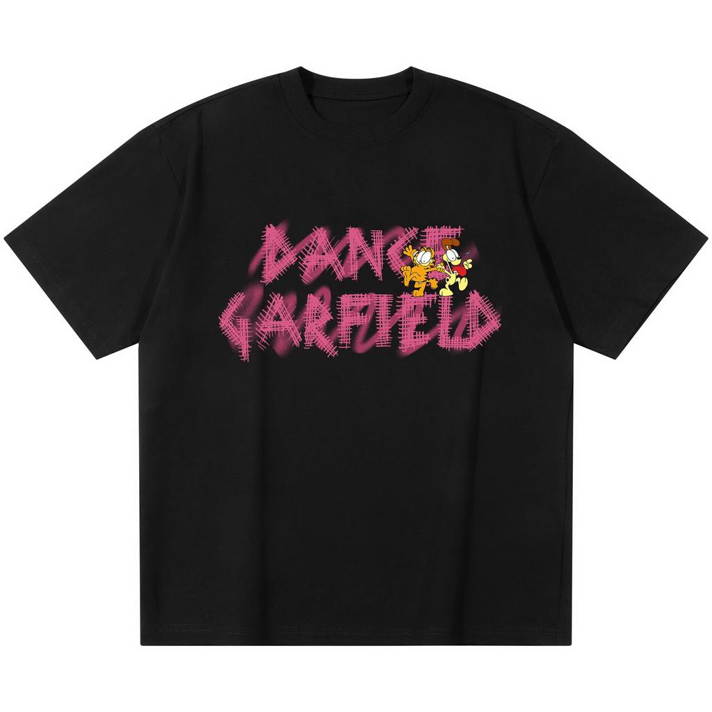 Garfield & Odie "DANCE GARFIELD" Graffiti Print Short Sleeve T-Shirt, American Streetwear Brand Heavyweight Cotton Loose Fit Oversized Couple Top