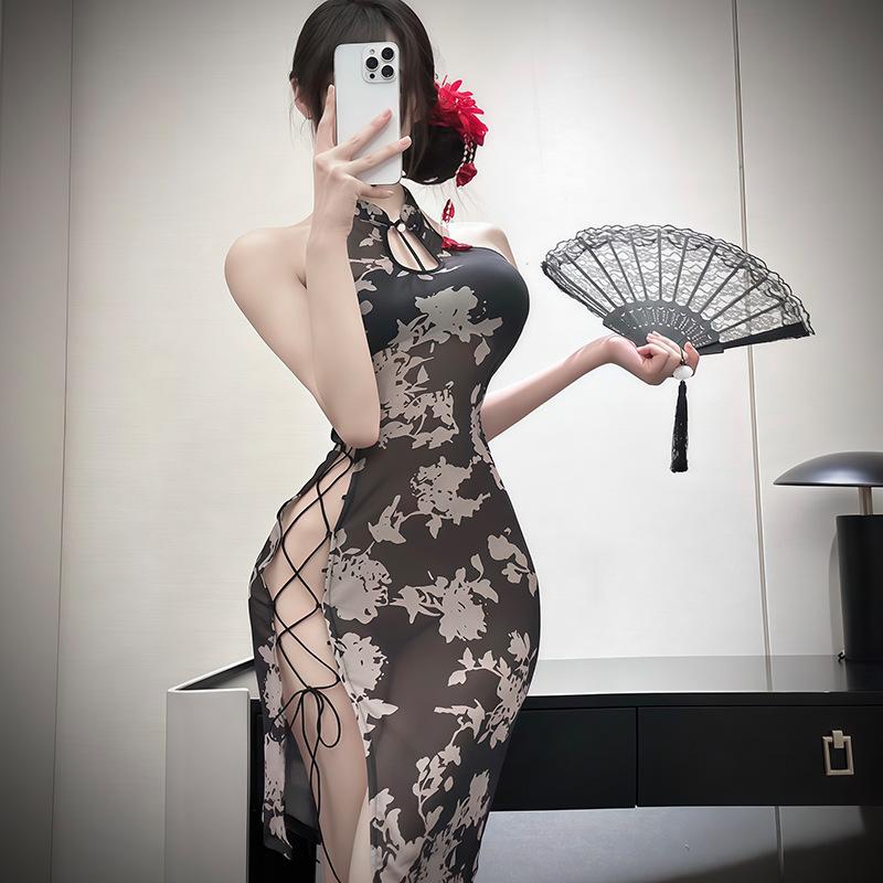 National style retro cheongsam sexy lingerie hollow pure desire temptation free nightdress uniform suit