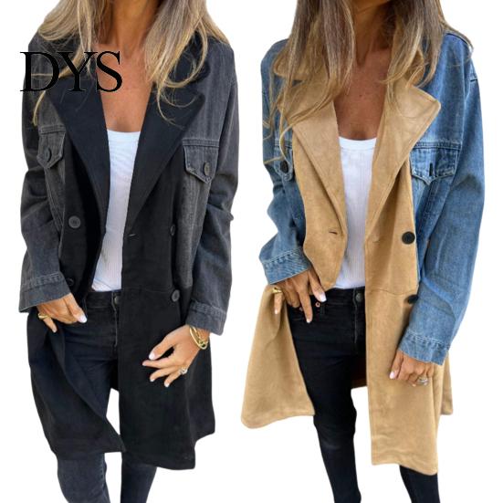 Chaqueta Cardigan de Manga Larga para Mujer Primavera Otoño Abrigo Vaquero Sobretodo Patchwork Doble Botonadura Dama Holgada con Bolsillos con Solapa Bloque de Color Longitud Media