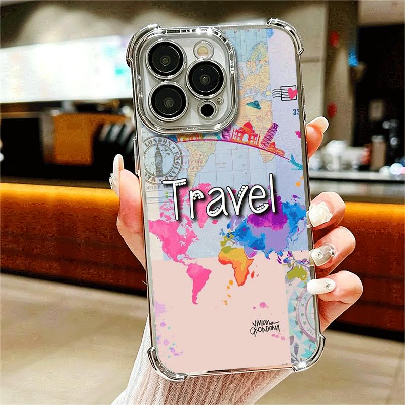 Travel Map Artistic Pattern Plating Phone Case For Iphone 16 17 Pro Max Air 16E 14 15 Plus 12 13 Mini Anti-Fall Airabag Cover