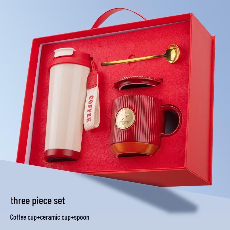 Insulated Coffee & Ceramic Mug Gift Set with Spoon Coffee Mug + Ceramic Cup + Spoon