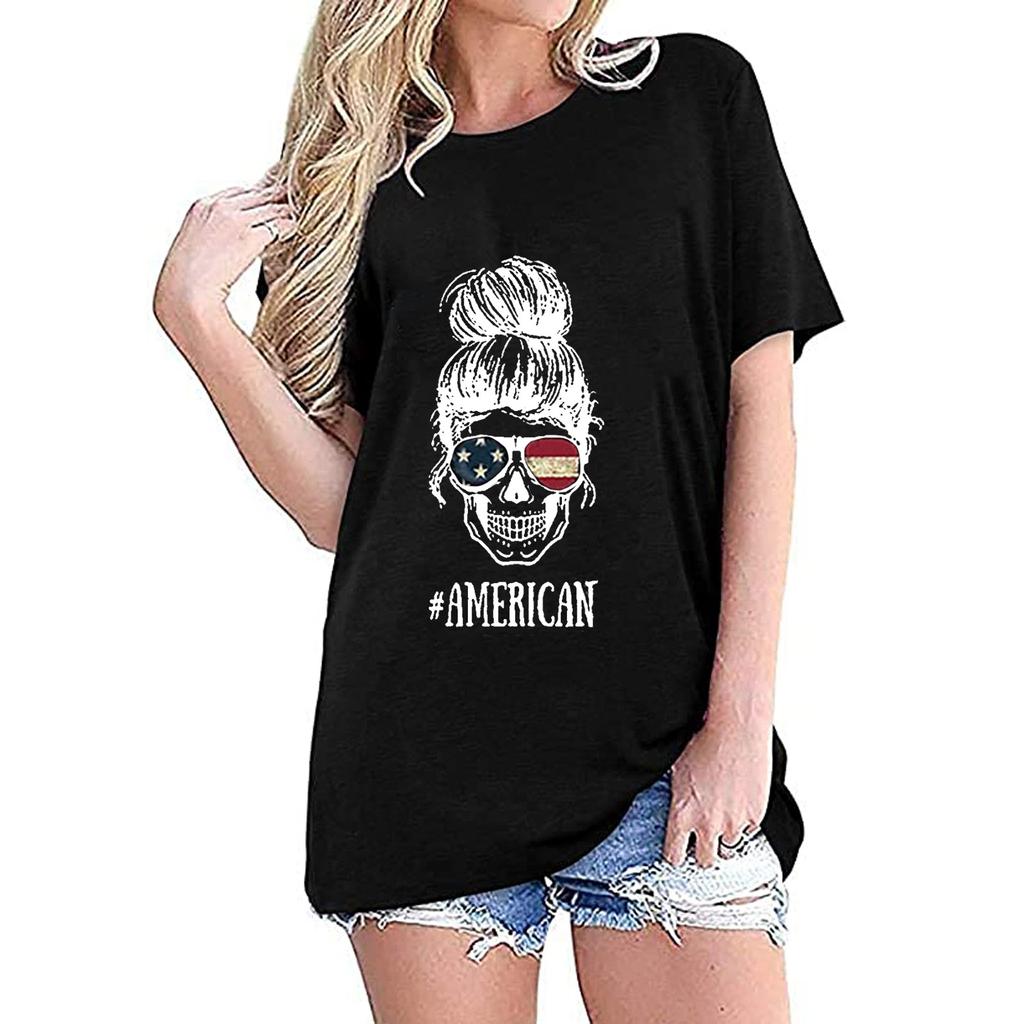 Frauen Casual Independence Day Druck Rundhals Lose Tops T-shirt Bluse