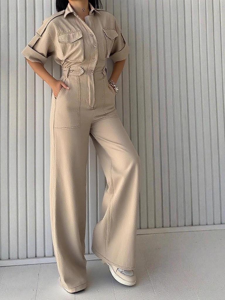 Women's Fashion Jumpsuit: New Loose-Fit, Waist-Slimming Wide-Leg Pants with Lapel Workwear Design.