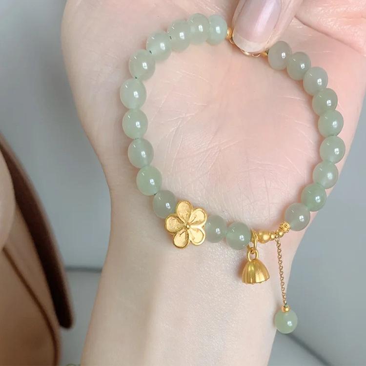 Peach Blossom Beaded Bracelet with Handmade Beads and Hetian Jade Fortune Charm, Chinese Style Niche Design, New Model for Women