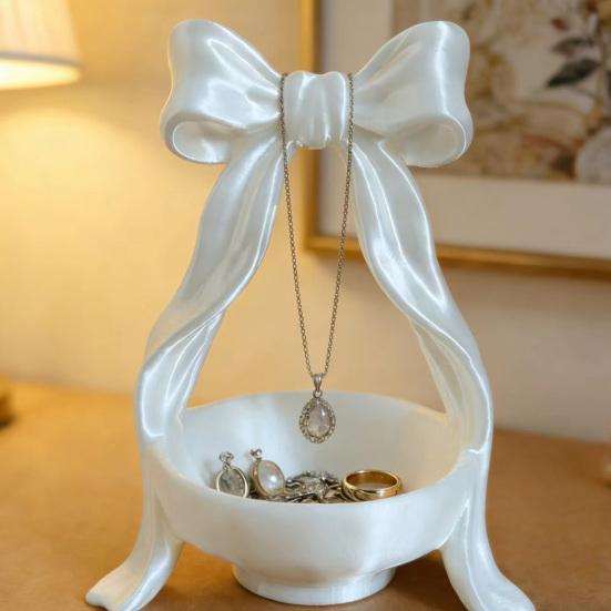 Cute Bow Jewelry Tray 3D Printed Ruffle Bow Trinket Dish Small Decorative Ring Holder for Earrings Necklaces Bracelet Watch Keys