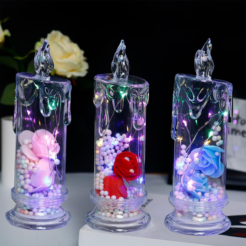 LED Electronic Candle Clear Rose Night Light Valentines Day Decor Best Gift For Girlfriend Home Decorative Atmosphere Ornament