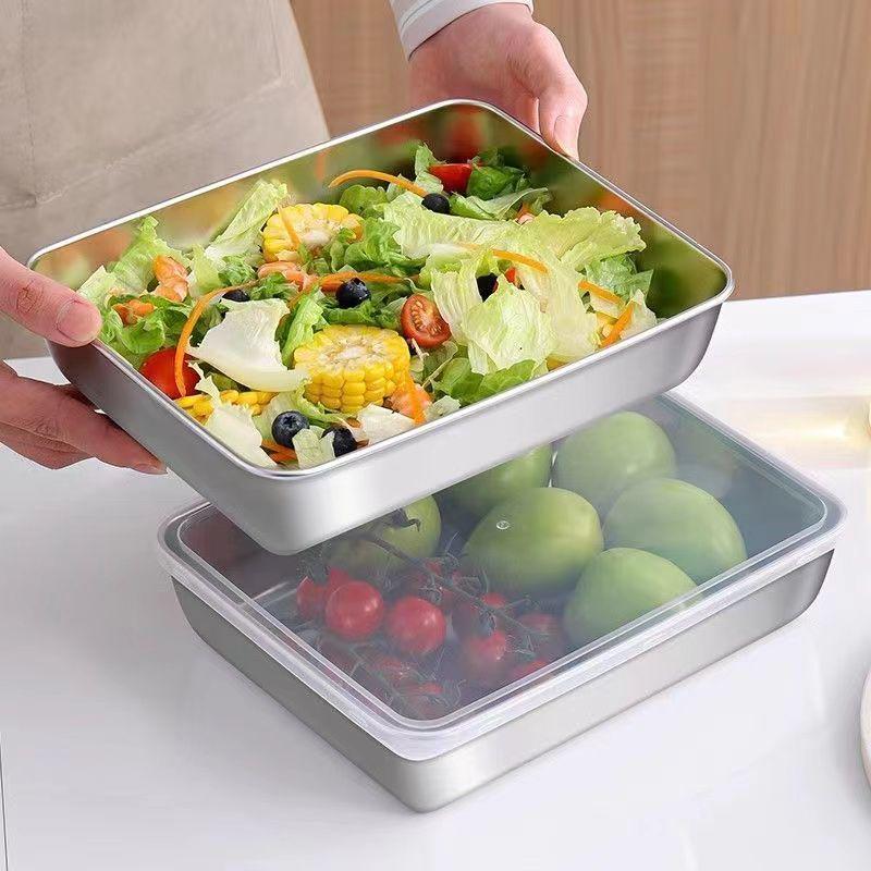 Квадратный контейнер для хранения продуктов из нержавеющей стали с крышкой, пищевой хранитель свежести, лоток для подготовки продуктов в холодильник.