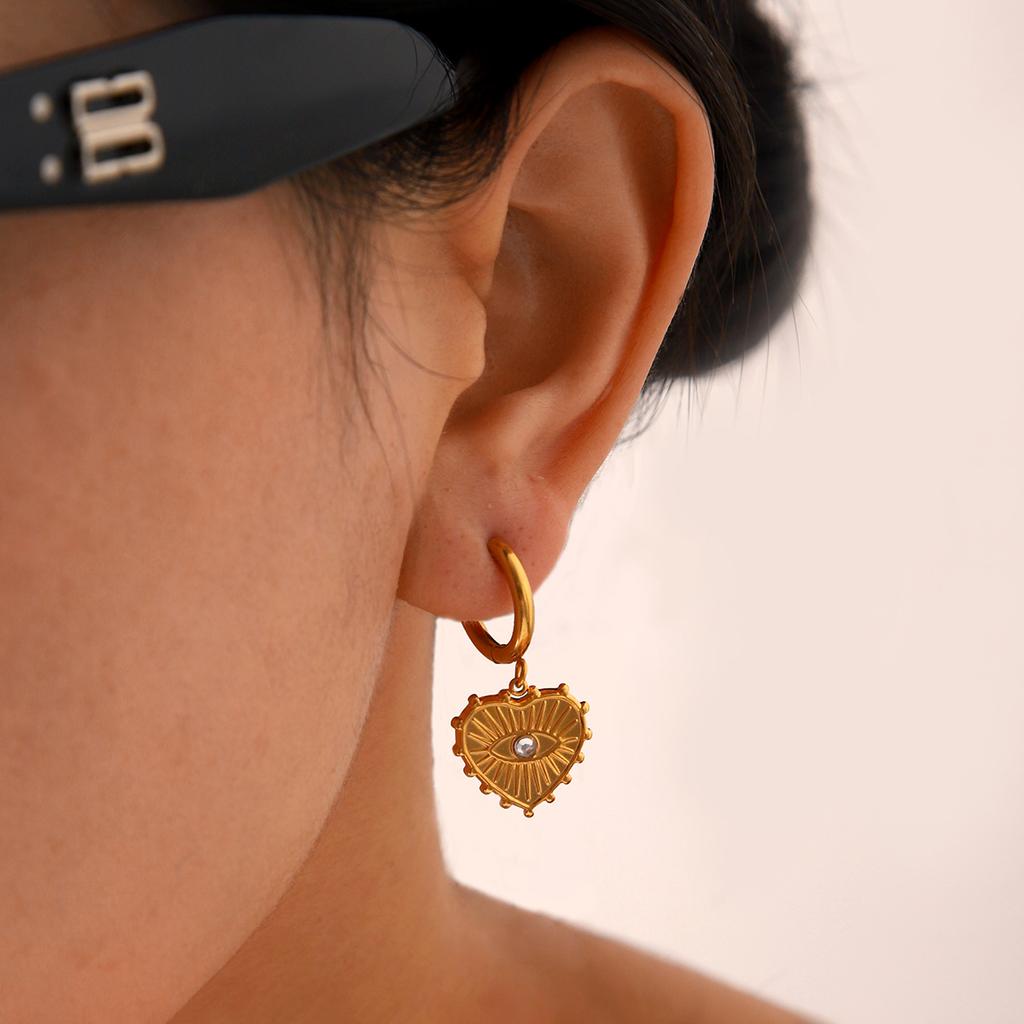 Stainless steel zircon heart pendant earrings, Ins style unique evil eye titanium steel studs