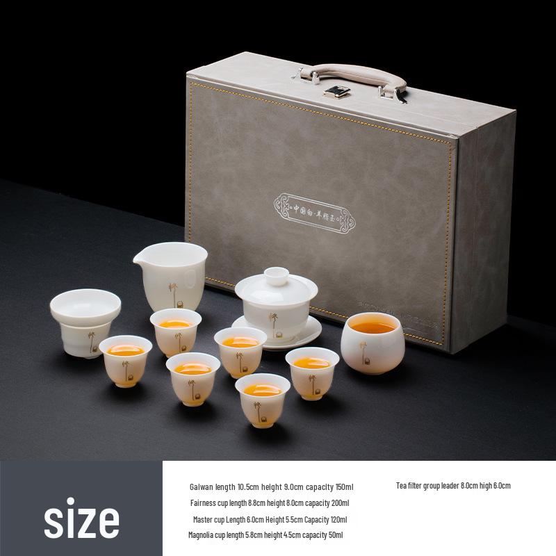 Sheep Fat Jade Porcelain Kung Fu Tea Set: Ceramic Gaiwan and Cup for Home Use - High-End Gift Box for Company Souvenir