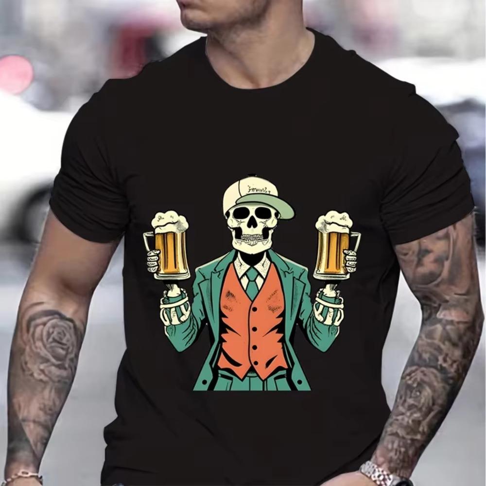 Skeleton Cheers Beers Print Summer T-shirt Men Skeleton and Beer Pattern Funny T Shirts Man Beer Lover Gifts Fashion Casual Tops
