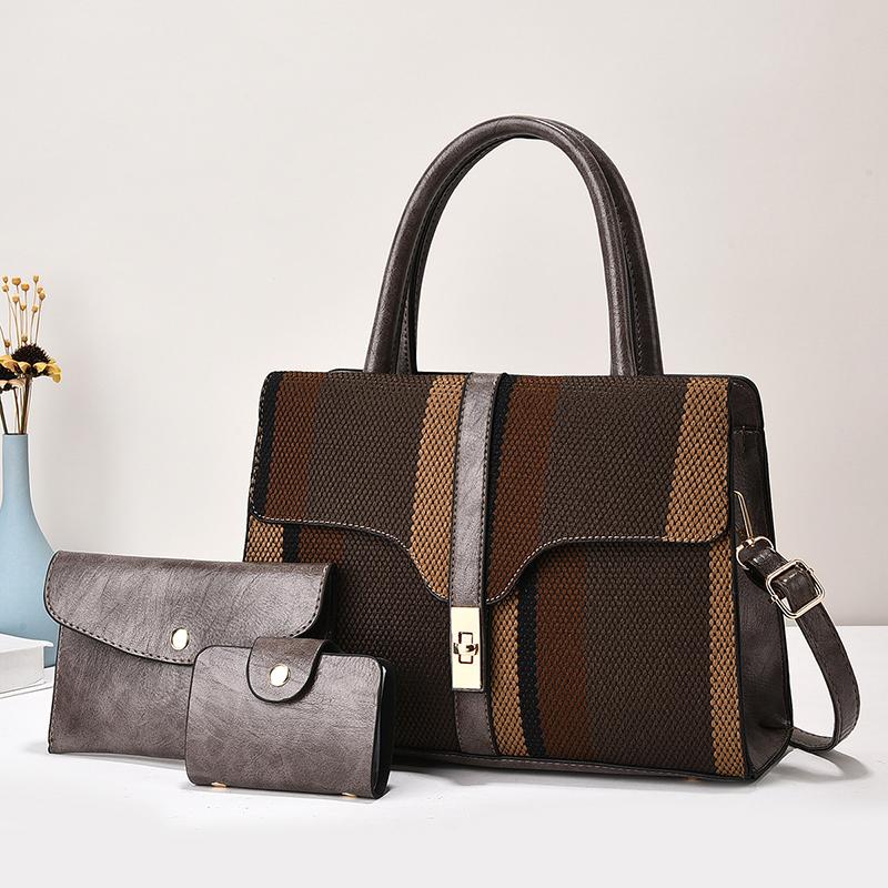 

Новый комплект из холщовой сумки для матери и дочери, ретро-модная полосатая сумка премиум-класса с цветными блоками, вместительная сумка через плечо из 3 предметов 30*11*22cm кофейный