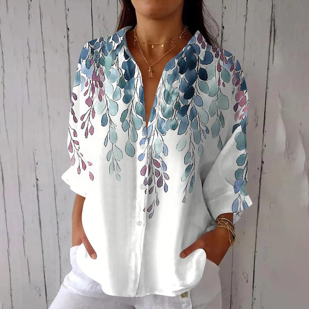 Women's Fashion 3/4 Sleeve Casual Lapel Back Tie- Floral Print T-Shirt Top
