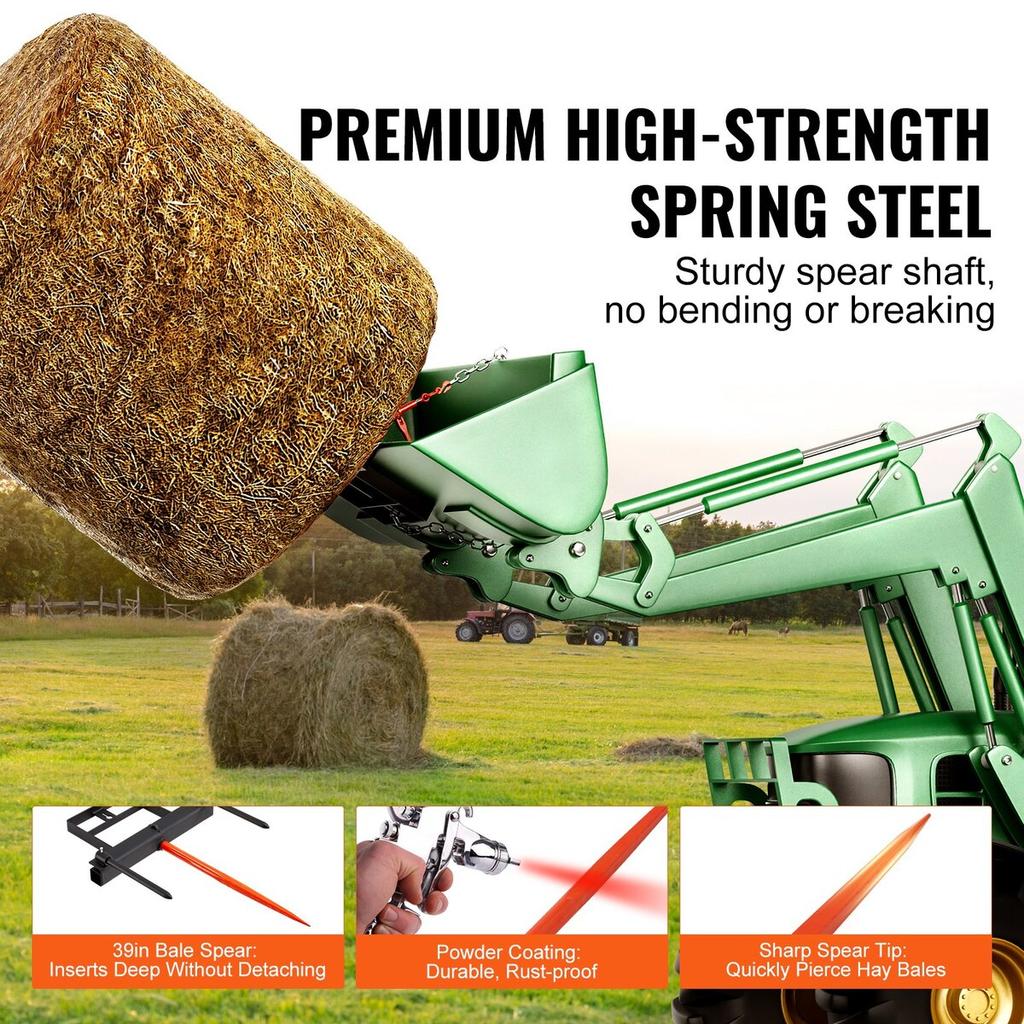 39" Hay Spear, Bale Spears 1600lbs Loading Capacity, Skid Steer Loader Tractor Bucket Attachment with 2pcs 17.5" Stabilizer Spears and 60" Chain,