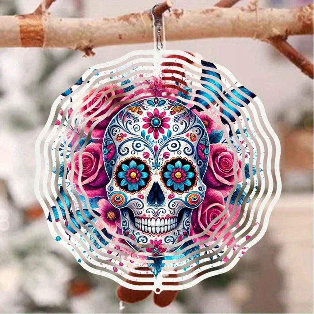 Metal Wind Chime with Rose Skull Butterfly Design for Indoor Outdoor Garden Decor Christmas Thanksgiving Holiday Hanging Ornament