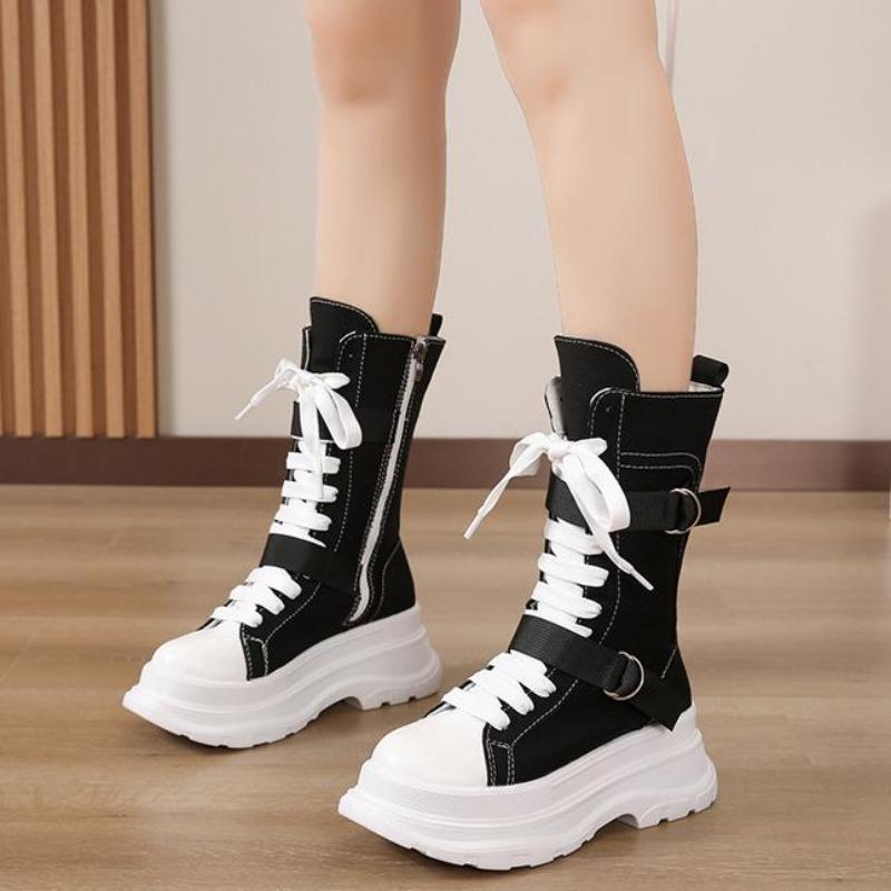 Canvas Chunky Platform Women's Boots Lace-Up Side Zipper Modern Boots Woman Thick Bottom Non-Slip Ankle Booties Bota Feminina