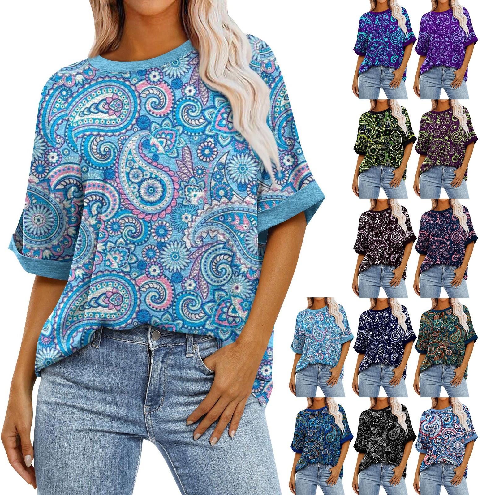 

Женский однотонный пуловер с круглым вырезом и принтом пейсли, свободная футболка большого размера с короткими рукавами, топ