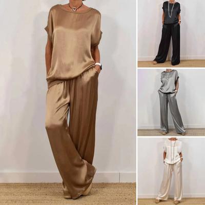 Women's Satin Silky Two-Piece Set Casual Crew Neck Short Sleeve Top Wide Leg Pants Set Loose Loungewear Outfit for Spring Summer