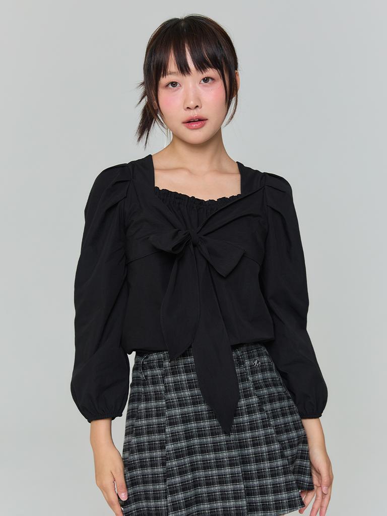ADOREBELLE Ribbon Tie Blouse - Black
