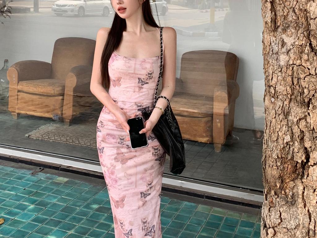 Butterfly Print Spaghetti Strap Waist-Hugging Backless Bodycon Dress for Women - Long, Summer Style
