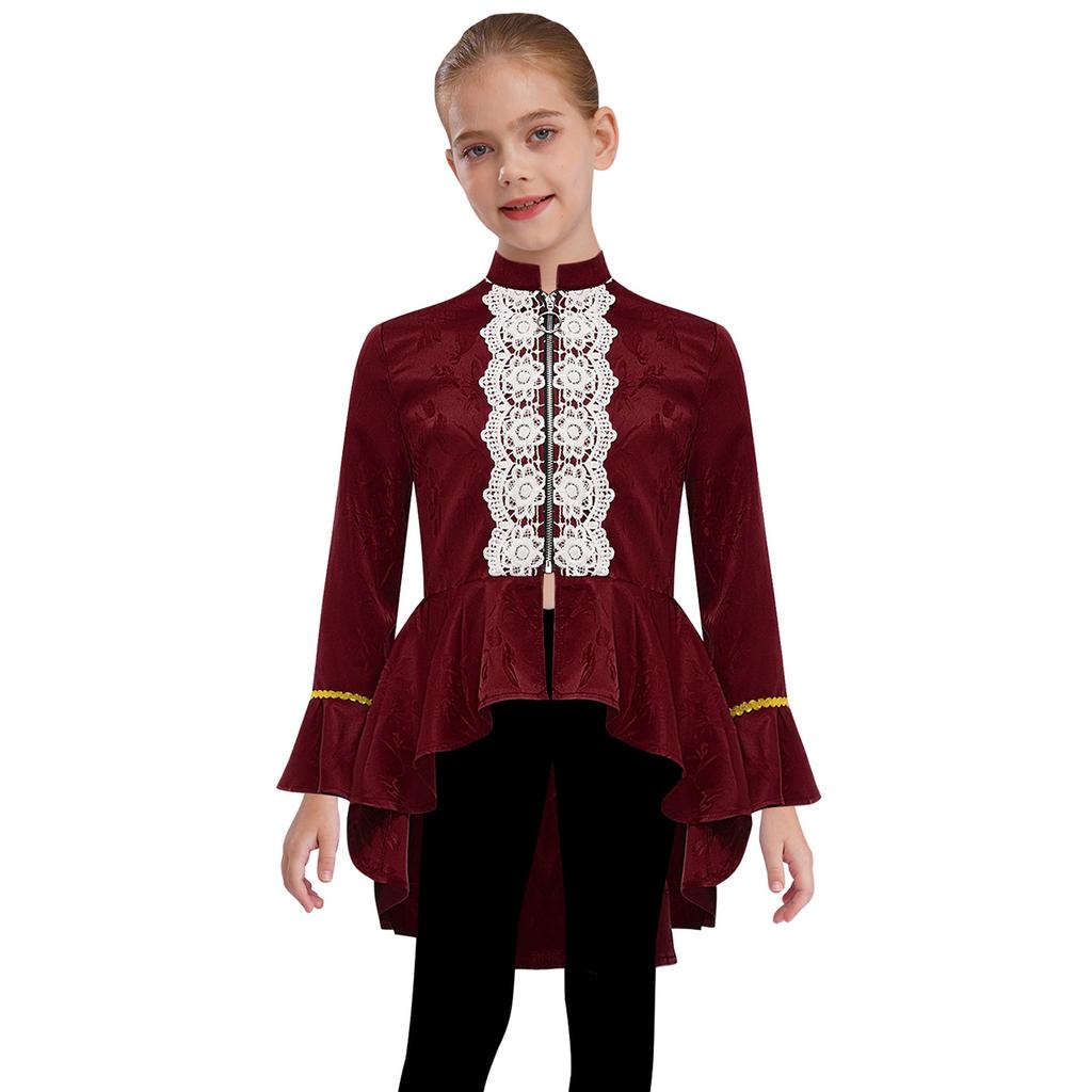 Girls Medieval Renaissance Costume Long Sleeves Lace Flounce Jacket Victorian Tailcoat Pirate Gothic Steampunk Outfit