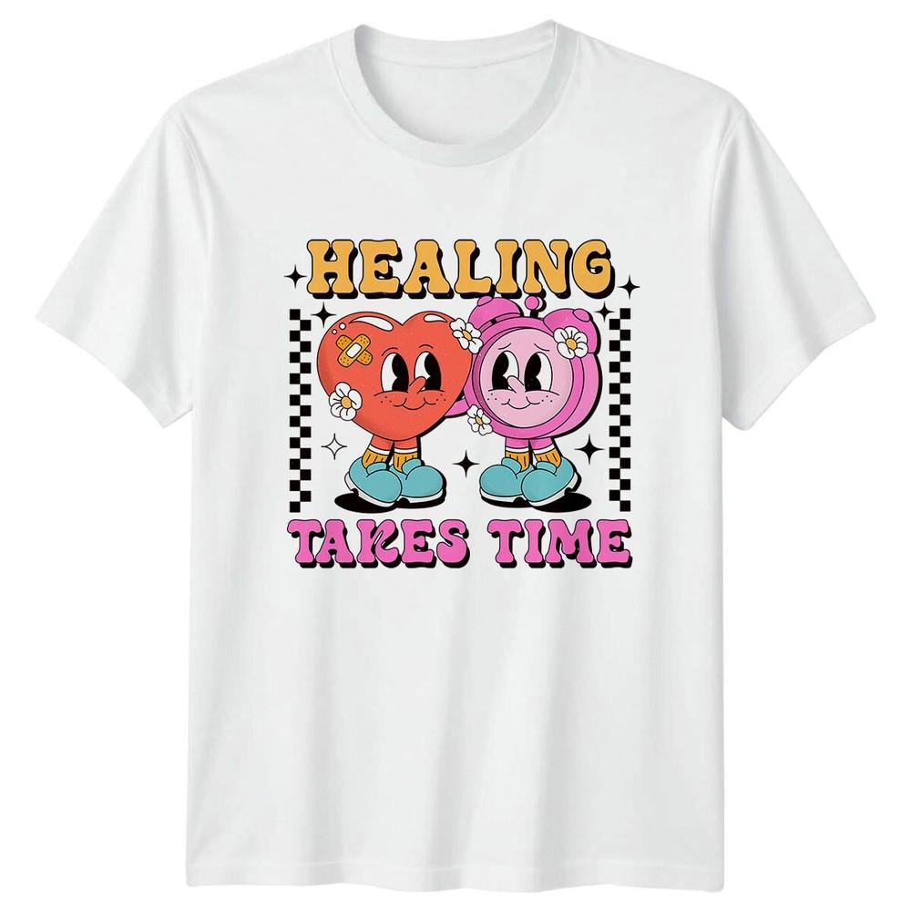 Healing Takes Time Retro Heart Clock Cartoon Style Graphic TShirt S