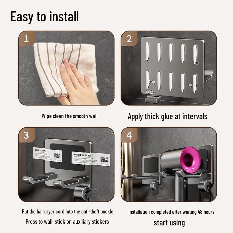 No-Drill Anti-Theft Wall-Mounted Hair Dryer Holder - Space-Saving Aluminum Hanger for Hotels