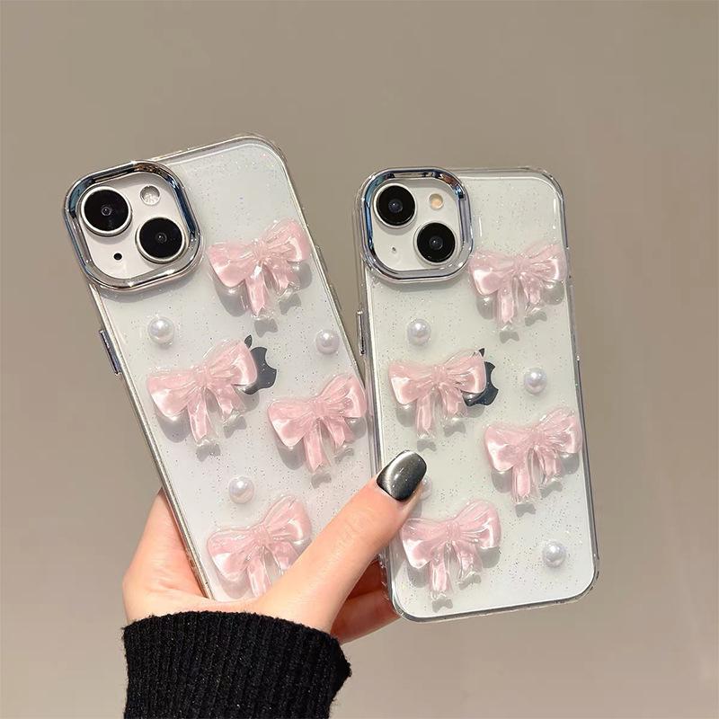 Pearl Pink Bow Glitter Phone Case for IPhone 17 Promax Transparent for Apple 16 Plus Anti Drop