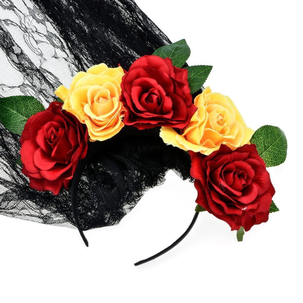 Halloween Headband Wreath Simulated Rose Flower Headband Lace Veil Bridal Party Headband Headband