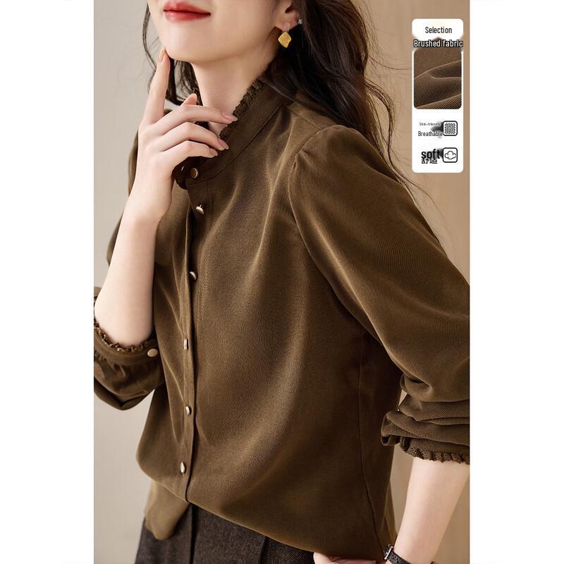 Women s Brushed Winter Warm Stand Collar Puff Sleeve Shirt XL