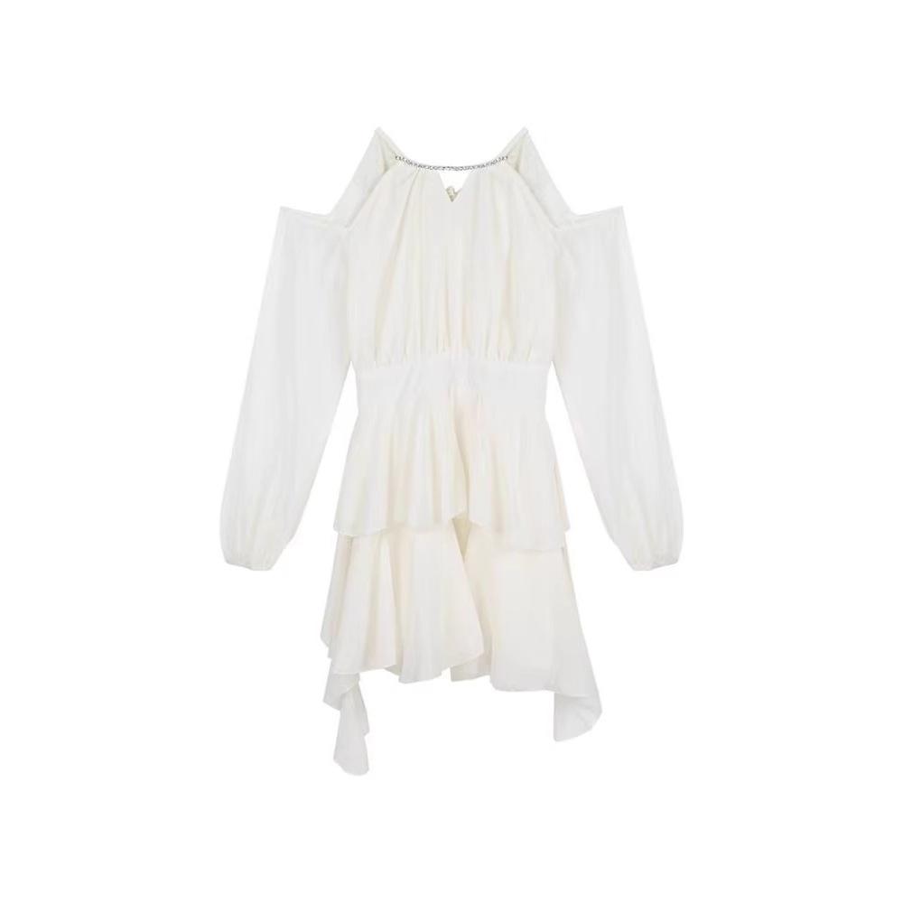 White Long-sleeved Dress Fairy Summer Waist Chiffon Short Skirt Ruffle Leaf Edge Cake A-word Skirt Retro Style