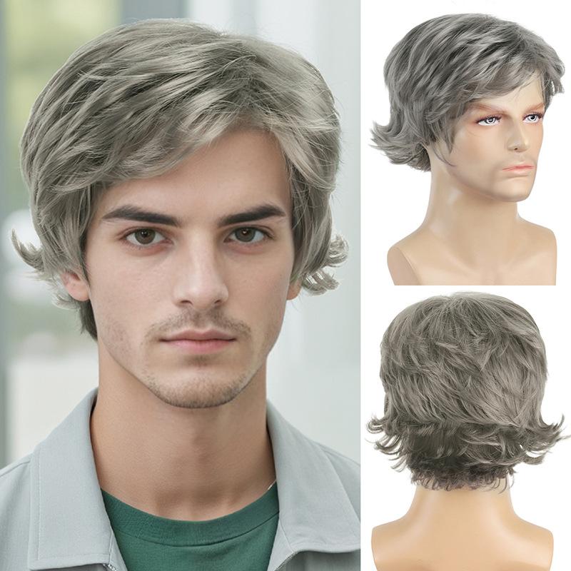 

Men Synthetic Short Black Gray Wigs with Bangs Layered Wave Grey Hair for Daily Party Cosplay Heat Resistant Fibre чорний колір сірий