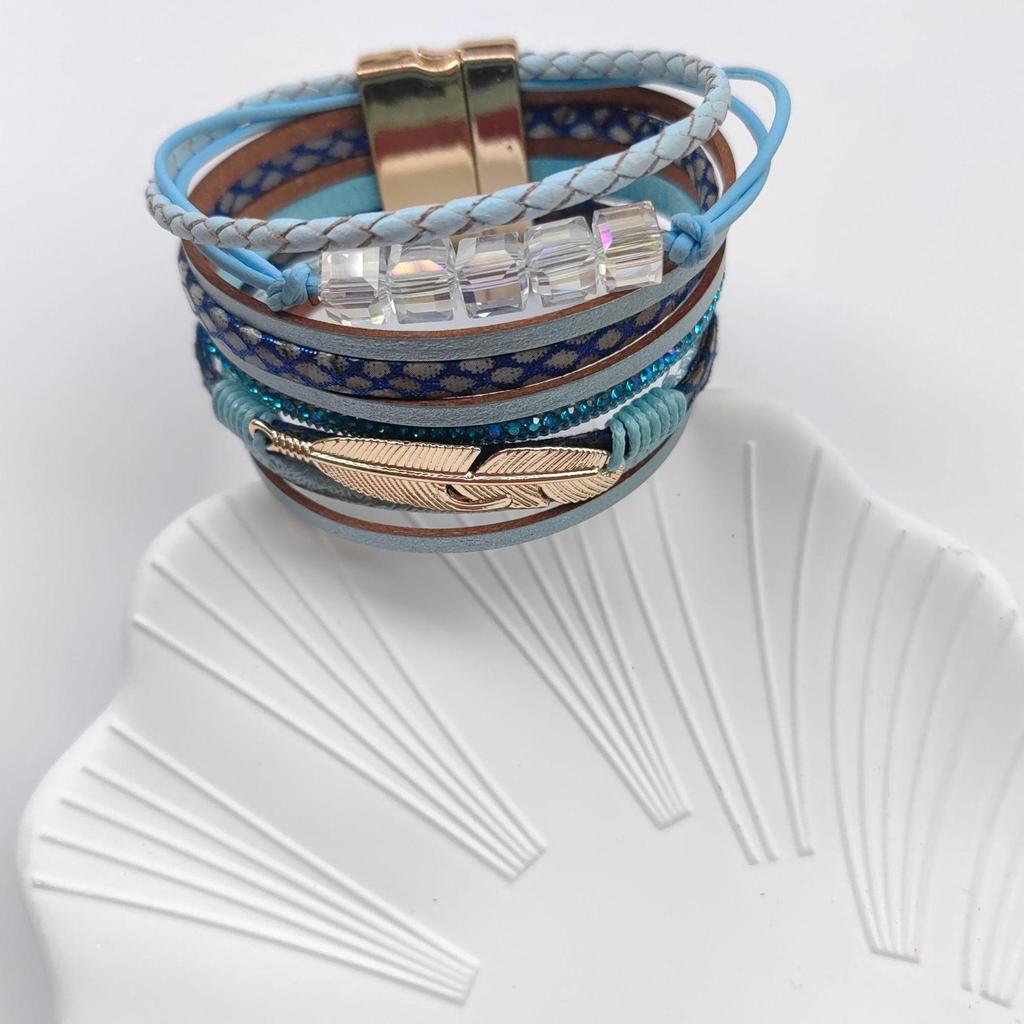 Bohemian Ethnic Crystal Feather Layered Leather Bracelet